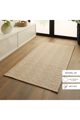 Ocean Home Textile Ekru Renk Karo Desenli Jüt Halı Kilim 80 X 150 Cm