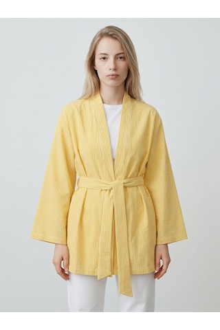 Saade Sââde Kadın Dikey Çizgili Geniş Kollu Şık Yazlık Relaxed Kimono Sarı