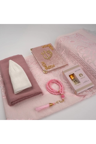 Eşarp + Takke + Seccade + Tesbih + Esans + Raşel Yasin Hediye Seti (Çanta Boy, Pembe)
