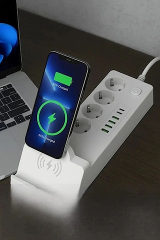Akım Korumalı Priz Ve Masaüstü Şarj İstasyonu Kablosuz 4 Priz,4 Usb, 2 Type-c Girişli 2 Metre Standart