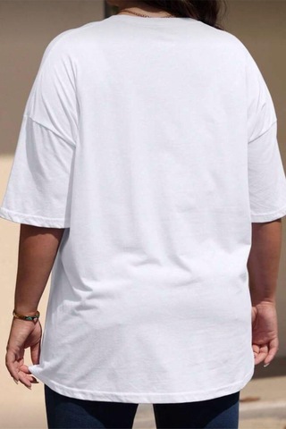 Ceny Kadın Büyük Beden Battal Baskılı Bisiklet Yaka Pamuklu T-shirt Rahat Kesim Unisex Sevgili Kombini Beyaz