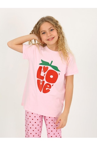 Kız Çocuk Kısa Kollu %100 Pamuklu Pijama Takımı Cute Love Toz Pembe