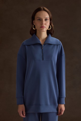 Aker Yakası Ve Yan Yırtmaçları Fermuarlı Modal Sweatshirt İndigo İndigo