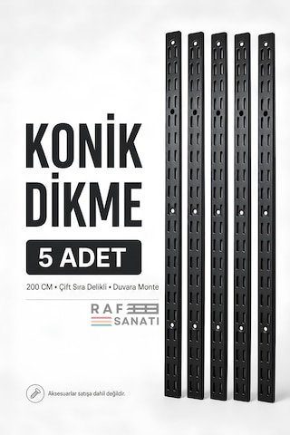 5 Adet - Konik Dikme 200 Cm Siyah Çift Sıra Delikli Modüler Mağaza Raf Profili Direği