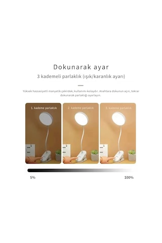 Shopytech Klipsli Led Masa Lambası Usb Şarjlı 3 Kademeli Dokunmatik Göz Yormaz Işık 4000 Mah Çok Renkli