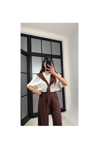 Miss Beyoğlu Kadın Şal Detaylı Basic Tshirt Beli Lastikli Pantolon İkili Eşofman Takımı Kahverengi