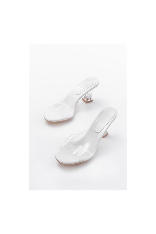 S-619 Beyaz Rugan Şeffaf Bantlı Şeffaf Topuklu Yuvarlak Burunlu Kadın Terlik Renksiz