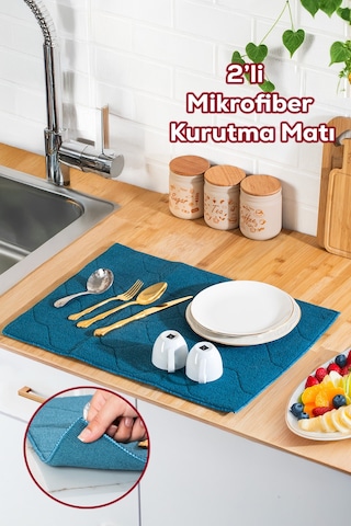 Porsima 3139-2 2li Mikrofiber Tezgah Üstü Kurutma Matı Kurulama Bezi Süper Emici Bulaşıklık Mavi Mavi