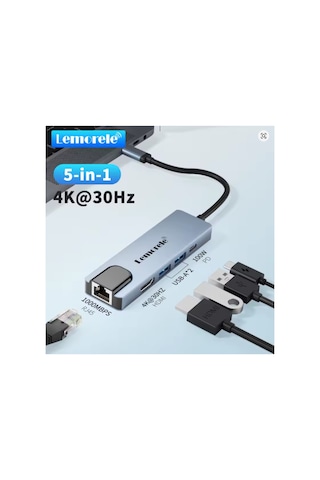 Lemorele Tc15, 5 İn 1 Usb Type-c Hub Çoklayıcı, Rj45 İnternet, 4k Hdmı, 100w Pd Şarj, 2x 3.0 Usb Çoğaltıcı