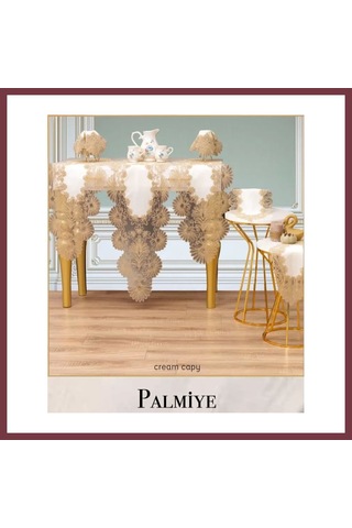 Storeşahin Salon Takımı 7 Parça Keten Masa Örtüsü Runner Seti Çeyizlik Palmiye Model No 66625 Krem-kapiçino Shn0720
