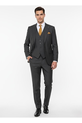Presto Erkek Slimfit 6 Drop Yelekli Takım Elbise Füme 787-700 Gri