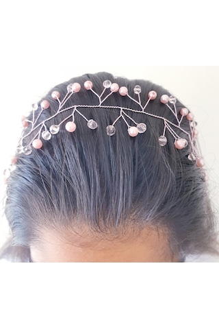 Toz Pembe Incili Ve Kristal Boncuklu Gelin Tacı