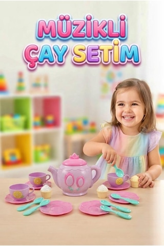 25 Parça Müzikli Çay Partisi Evcilik Oyun Seti Eğitici Ve Eğlenceli Rol Oyunu
