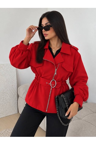 Nido Moda Kadın Kırmızı Kemerli Fermuarlı Ceket Balon Kol Şık Tasarım