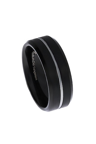 Erkek Siyah Renk Gümüş Çizgi Detay Tungsten Yüzük Siyah