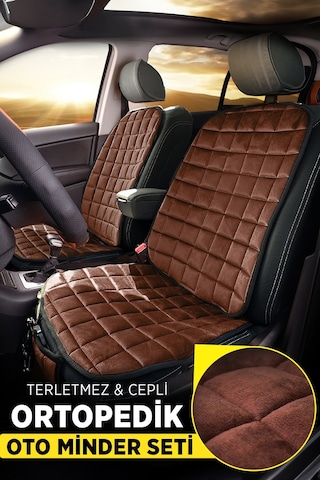 Premium Cepli Ortopedik Oto Koltuk Minder Seti - Oto Koltuk Kılıfı - Ön 2 Koltuk Set - Kahverengi