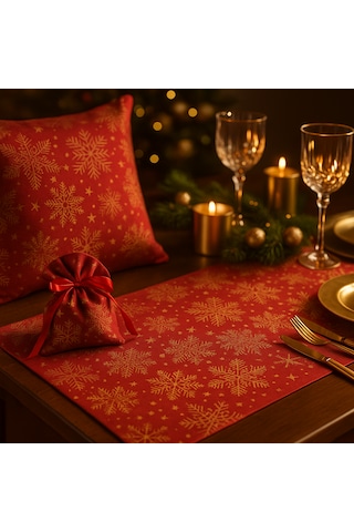 Kırmızı Yılbaşı Masa Runner + Kırlent + Hediye Kesesi 3'lü Set Kar Tanesi Desenli Kırmıızı