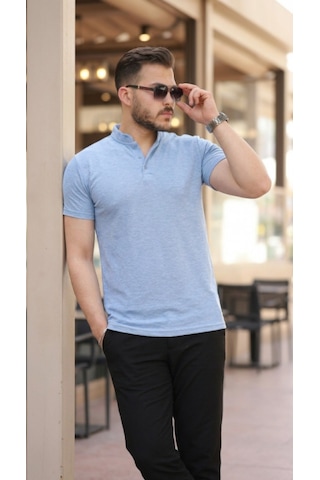 Efnaz Style Erkek Hakim Yaka Dokuma Pamuklu Kumaş Kısa Kollu Tişört Bebe Mavisi