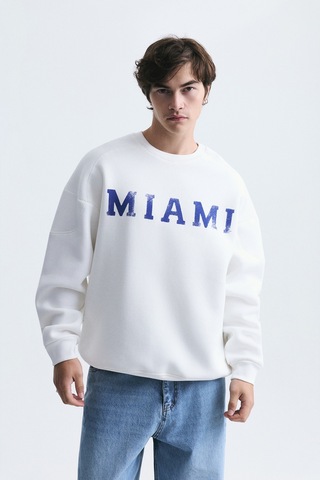 Vamos Miami Baskılı Bisiklet Yaka Sweatshirt Ekru