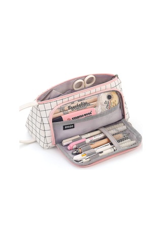 Büyük Kapasiteli Renkli Tuval Saklama Çantası İşaretleyici Kalem Kalem Kutusu Basit Kırtasiye Çantası Tutucu Ortaokul Lise Ofis Öğrencisi İçin Beyaz Kareli Çok Renkli