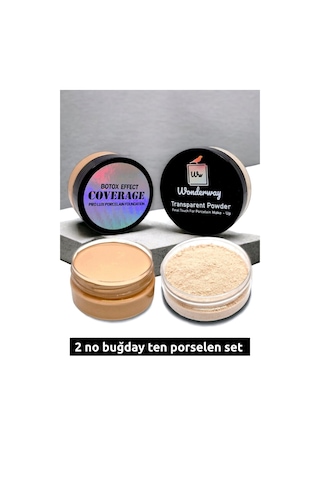 Wonderway Yoğun Kapatıcı Porselen Fondöten & Transparan Pudra Set 02 Buğday Ten Sünger + Göz Kalemi