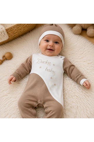Candar Lucky Baby Nakışlı Çizgili Şapkalı Erkek Bebek Tulumu 0-3 / 3-6 Ay Kahverengi