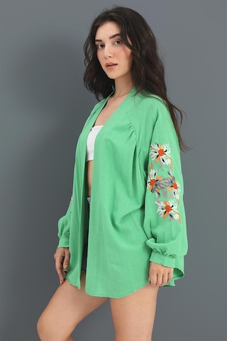 Wpr Kimono Reglan Kol Nakışlı Keten - Yeşil-yeşil Yeşil