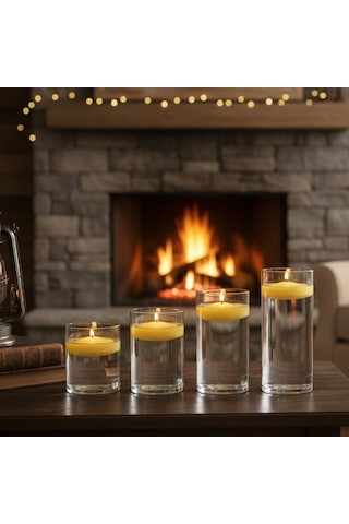 4 Lü Vazo + 12 Adet Çap 5 Cm Sarı Yüzen Mum Sarı