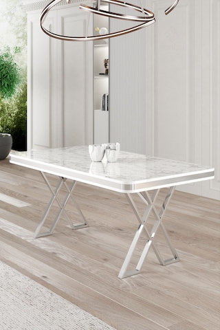 Canisa Rigel Serisi 80x130 Lak Panel Sabit Masa Beyaz Mermer Desen Krom Ayaklı Masa Beyaz Mermer Desen Ayaklar Krom