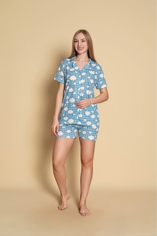 Kadın Gömlek Şort Desenli Pijama Takımı Mavi