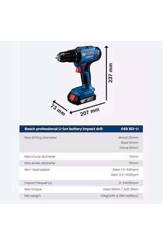 Bosch GSB183 Li Darbeli Tek Bataryalı Matkap Vidalama + 103 Parça Set