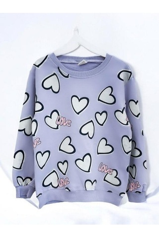 Kız Çocuk Kalp Desenli Pamuklu Sweatshirt-14301 Lila
