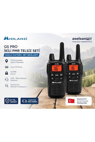 Aselsan Midland G5 Pro Pmr446 Lisanssız Telsiz 2'li Set Kulaklık Hadiyeli