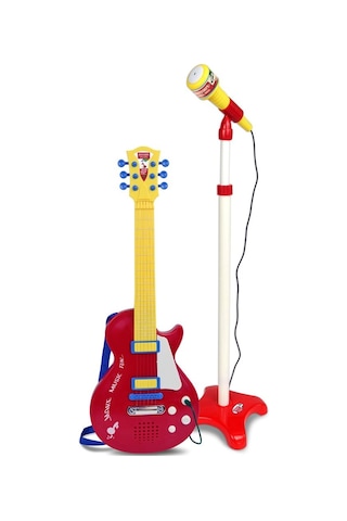 Bontempi Elektronik Rock Gitar Tuşlu Telli Askılı Ayaklı Mikrofon Kırmızı