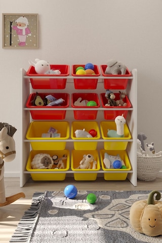 12 Sepetli Kırmızı Ve Sarı Oyuncak Dolabı, Çok Amaçlı Dolap, Montessori Dolap Kırmızı-sarı