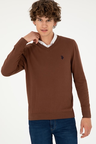 U.S. Polo Assn. Erkek Slim Fit V Yaka Kahverengi Basic Kazak 50293512-VR158