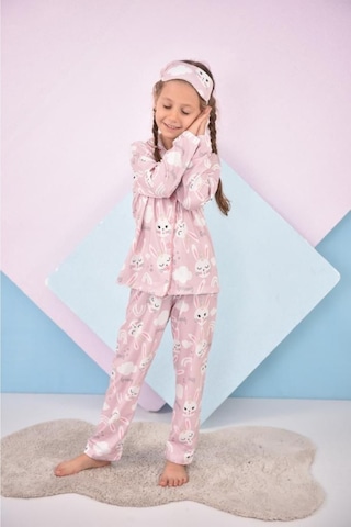 Kız Çocuk Soft Renk Desenli Pijama Takımı Yeni Sezon Son Moda Uyku - Göz Bandı Dahil Soft Pembe