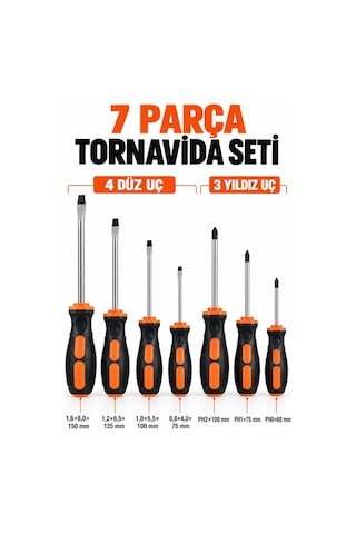 7 Parça Ergonomik Tornavida Seti 4 Düz Ve 3 Yıldız Uçlu Farklı Boy Tornavidalar