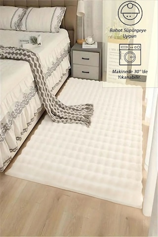 Raschel Carpet Krem Yumuşak Bubble Kaymaz Özel Taban Peluş Halı Yolluk