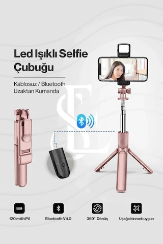 Bay Led Işıklı Selfie Çubuğu Bluetooth Kumandalı Kablosuz Tripot Selfie Monopod Selfie Stick Pembe Najmaddin