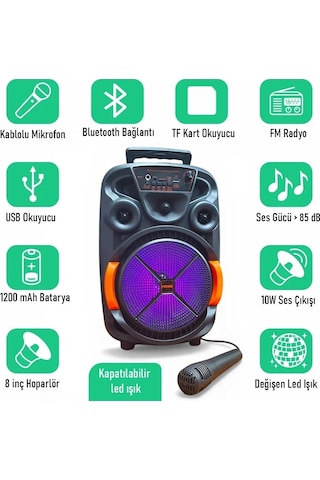 Upway Led Işıklı Mikrofonlu Şarjlı Bluetooth Hoparlör 10w Tf Usb Aux Tws 8 İnç Bass Woofer