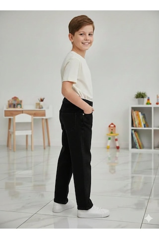 Erdem Kıds Erkek Çocuk Pamuklu Beli Lastikli Baggy Jean Pantolon Rahat Kalıp Geniş Bol Paça Kot Pantolon Siyah