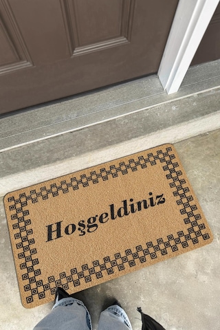Coco Entry Ps026a Damalı Çerçeve Hoşgeldiniz Desen Kalın Kaymaz Taban Nem Alıcı Şık Kapı Önü Paspas Hardal