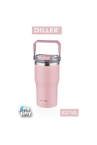 Dıller 620 Ml Tek Kapak Çift Kullanım Pipetli/pipetsiz Taşıma Kulplu Mug/çelik Termos-ffdıllerd9168 Pudra