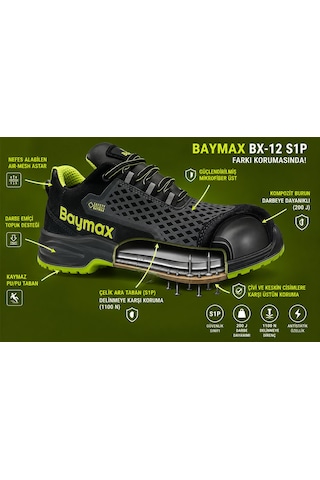 Baymax Bx-12 S1p Çelik Burun+çelik Ara Taban İş Güvenliği Ayakkabısı Siyah