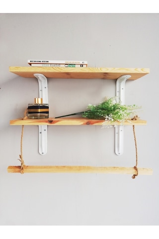 Halatlı Ahşap Dekoratif Duvar Rafı 50x11 Cm, Metal Beyaz Ayaklı
