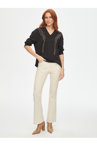 Önü Trok Taşlı V Yaka Sweatshirt 69509 U6950910 Siyah