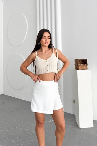 HLT Jeans Beyaz Kadın Slim Yandan Fermuarlı Yüksek Bel Kısa Keten Şort Etek Mia-4557 Beyaz