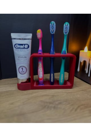 3 Lü Diş Fırça Tutucu Ve Diş Macunu Rafı Stand Kırmızı / Beyaz / Siyah Kırmızı