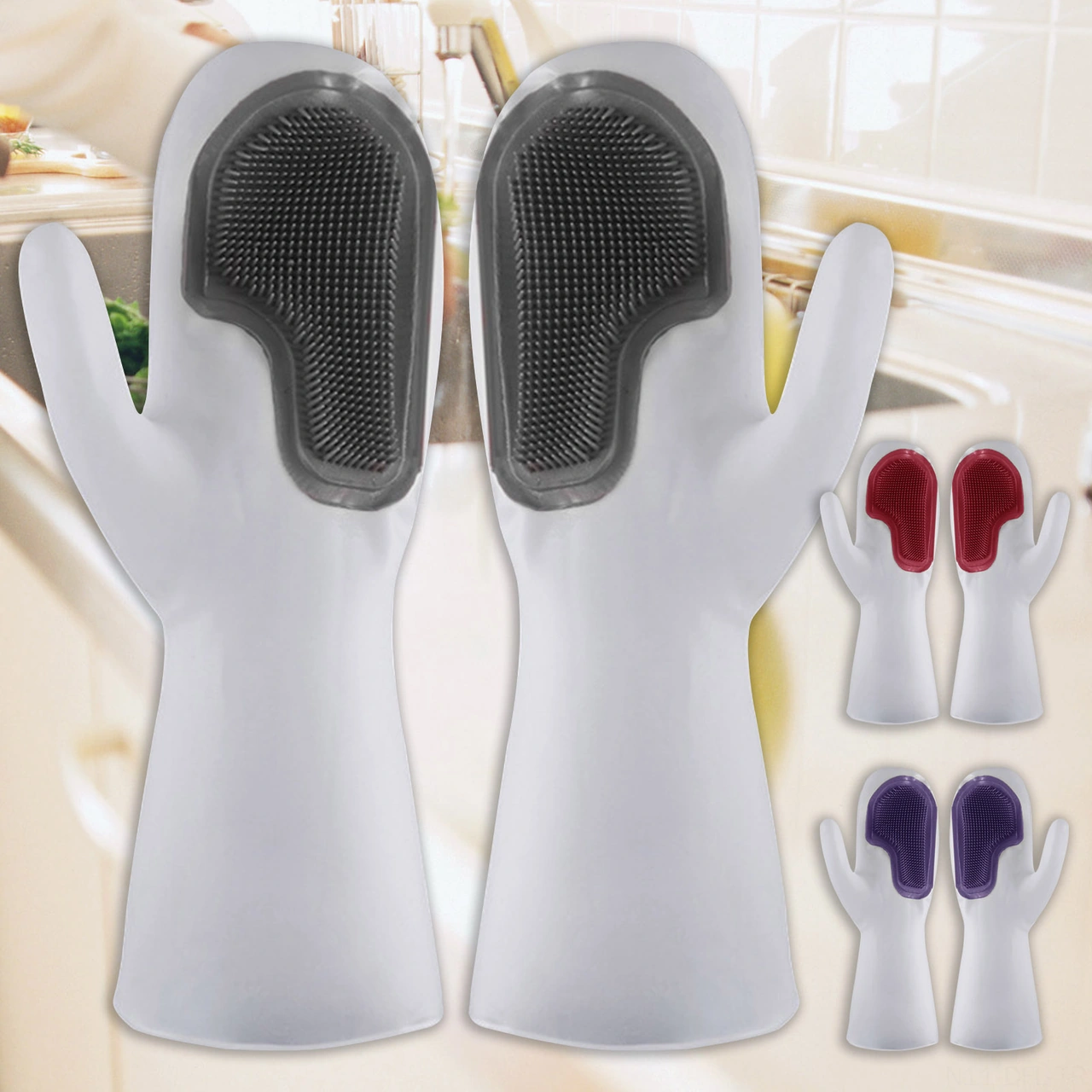 Dofolink Pvc Silikon Fırça Eldivenleri - Mutfak Temizliği İçin Su Geçirmez, Isıya Dayanıklı, Çok Fonksiyonlu El Koruması Mor